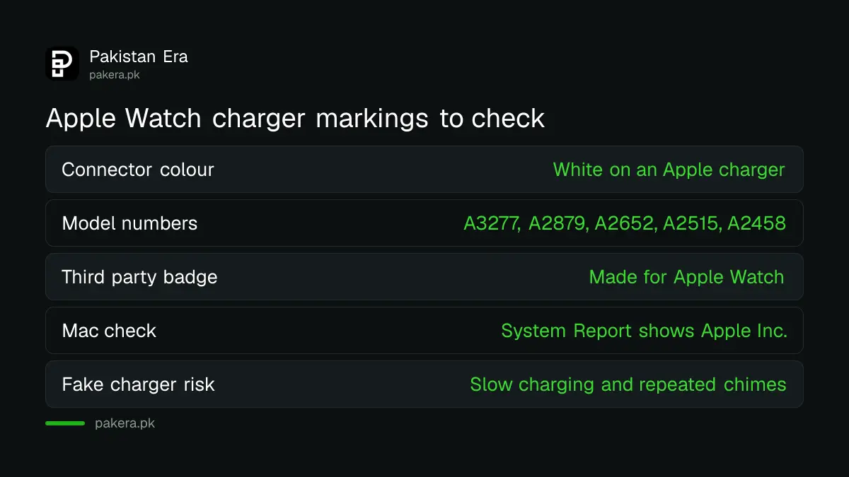Apple Watch charger markings to check for a genuine charger