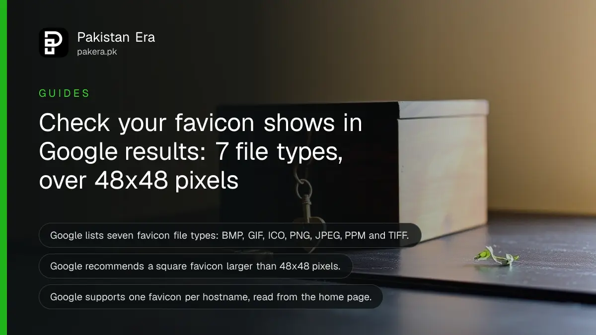 A small brass key and a wooden box on a dark wooden table, for a guide on favicons in Google Search results