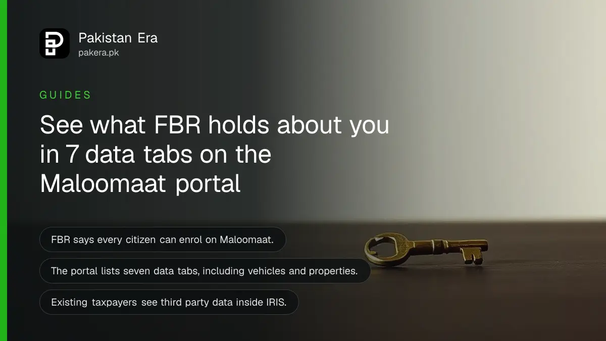 A brass key on a dark wooden table, for a guide on the fbr maloomaat portal