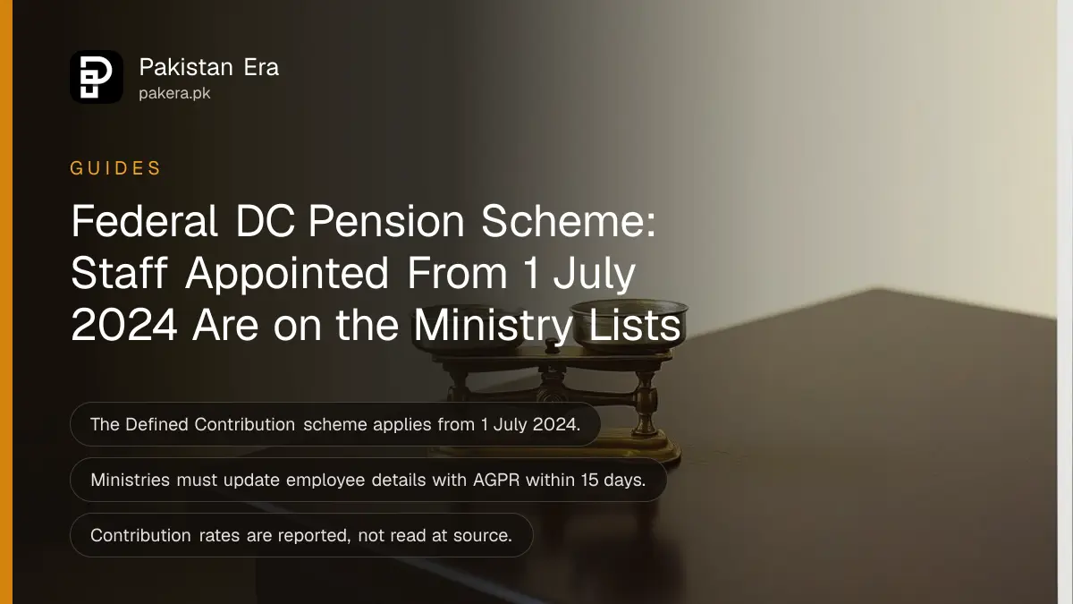 A small brass balance scale on a dark wooden table, for a guide on the federal DC pension scheme in Pakistan