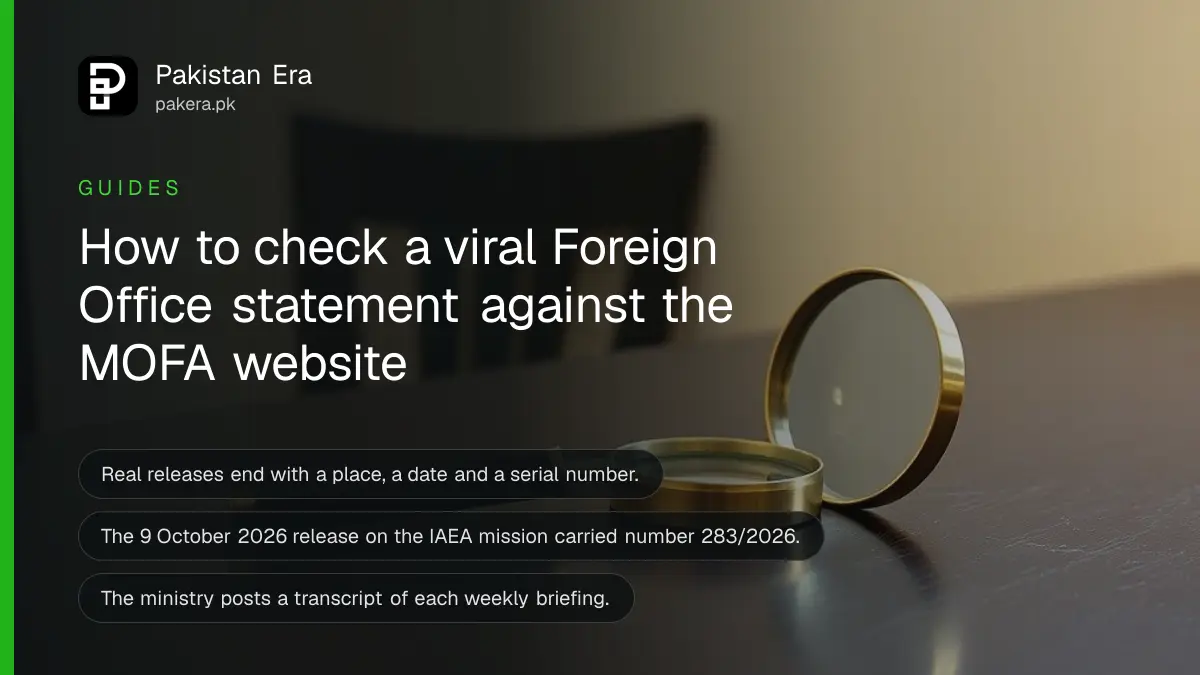 A brass magnifying glass on a dark wooden table, for a guide on how to check a Foreign Office statement is real in Pakistan