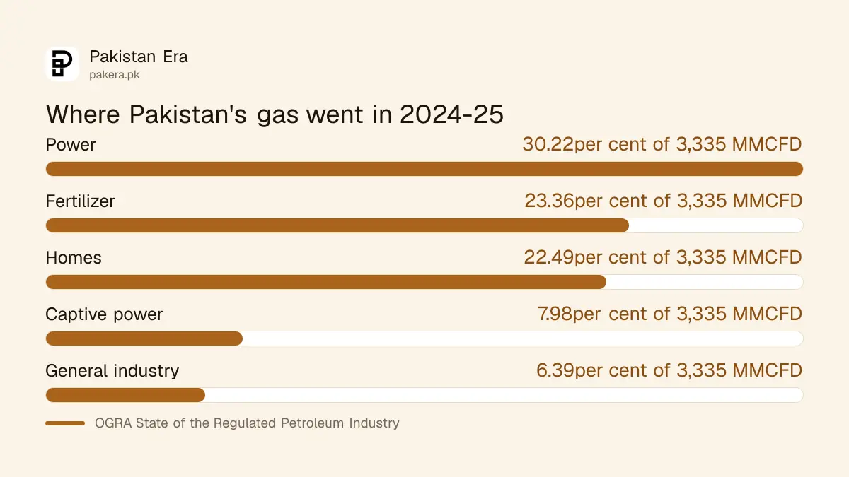 Share of Pakistan's gas used by power, homes, fertilizer and industry in 2024-25