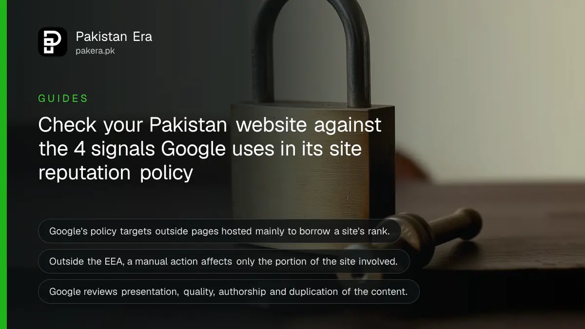 A brass padlock and a wooden key on a dark wooden table, for a guide on Google's site reputation policy for Pakistan websites