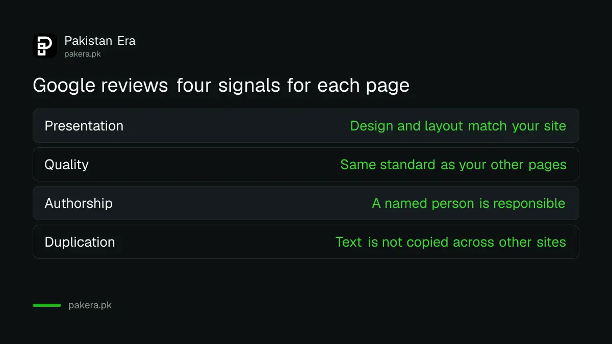 Four signals Google reviews for the site reputation policy: presentation, quality, authorship and duplication