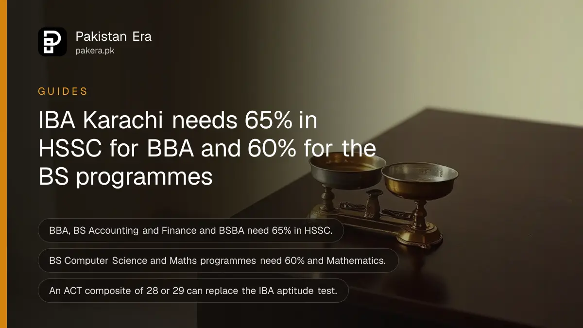 A small brass balance scale on a dark wooden table, for a guide to IBA Karachi admission eligibility in Pakistan