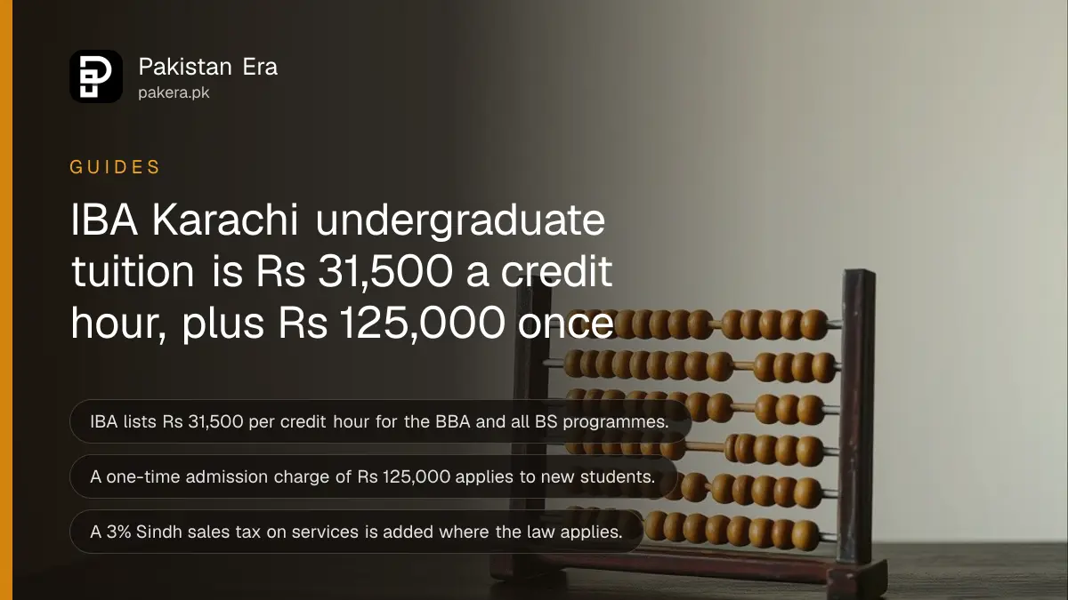 A small abacus with wooden beads on a dark wooden table, for a guide to IBA Karachi fees in Pakistan