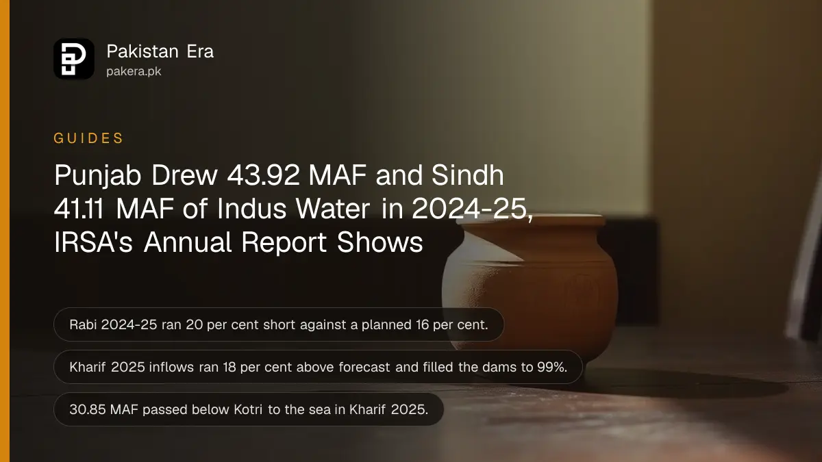 A clay water pot on a dark wooden table against a plain cream wall in soft daylight, for Pakistan's Indus water shares