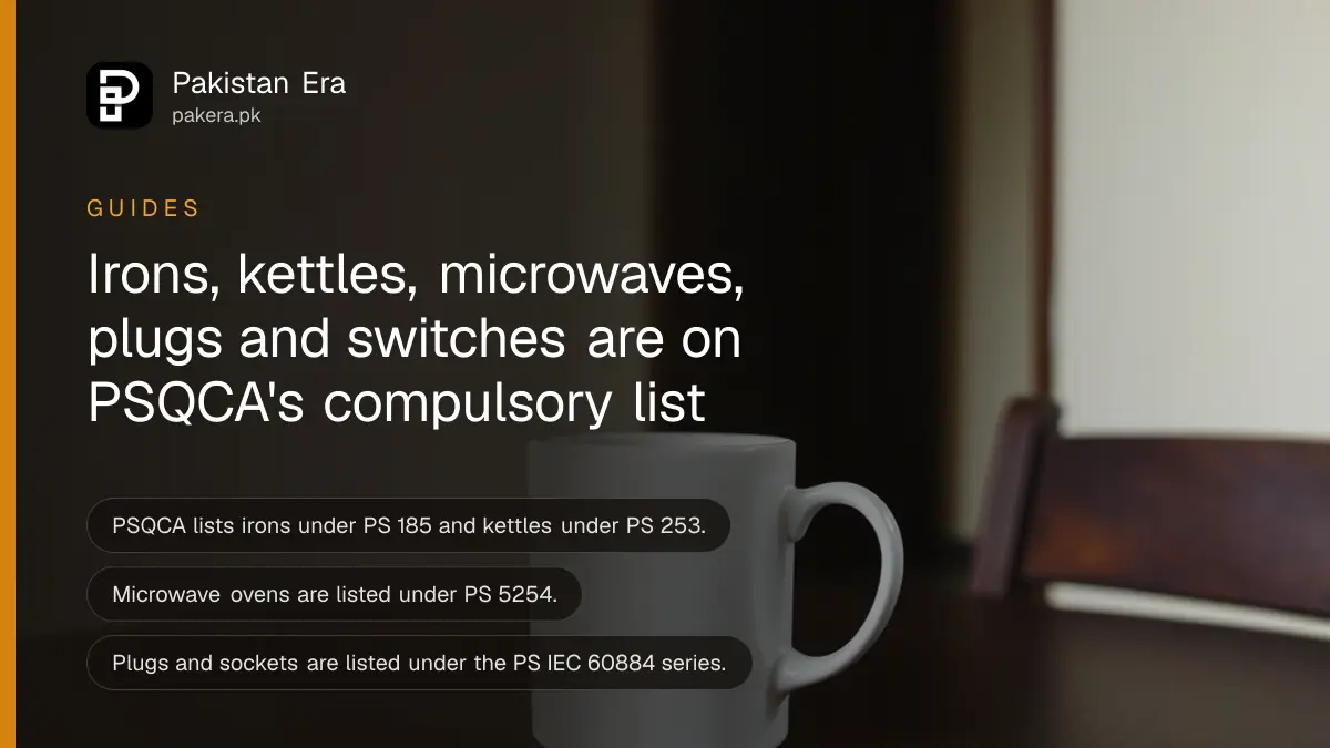 A plain mug on a dark wooden table, for a guide to checking PSQCA licences on small home appliances in Pakistan