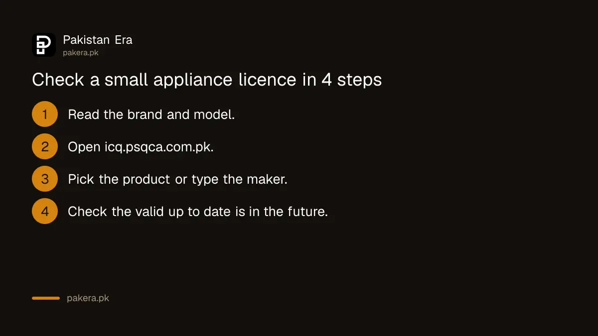 Four steps to check a PSQCA licence for an iron, kettle, microwave or plug