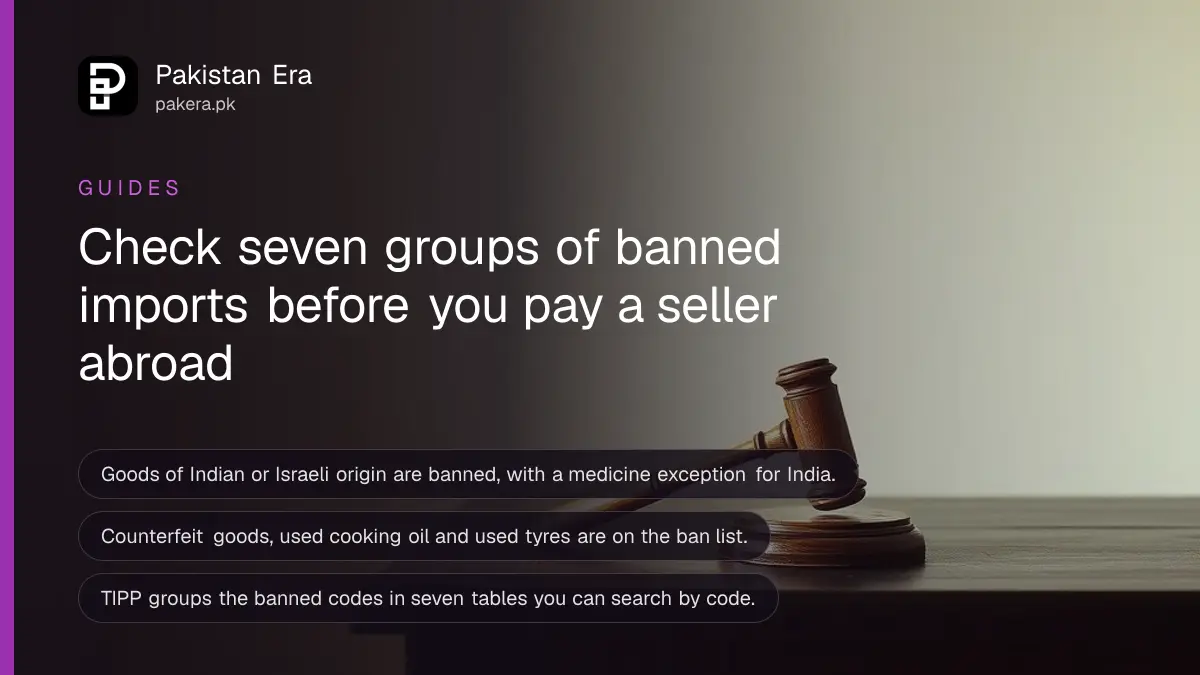 A gavel on a dark wooden table, for a guide to checking which goods are banned for import into Pakistan