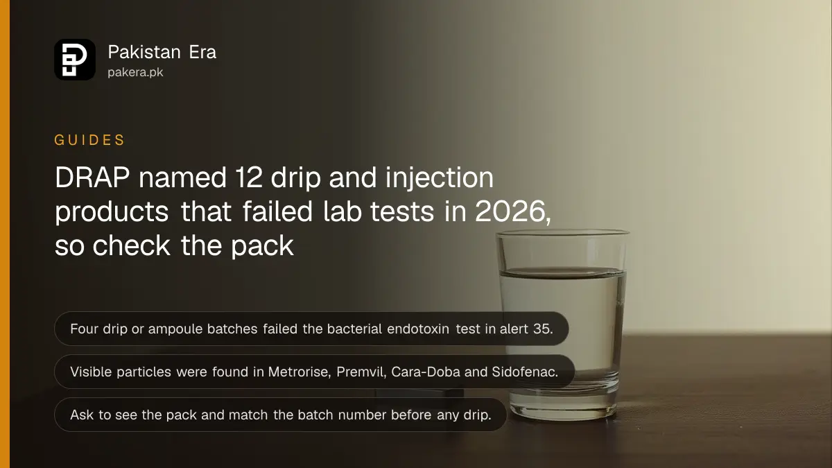 An empty glass of water on a dark wooden table, for a guide to DRAP drip and injection recall alerts in Pakistan