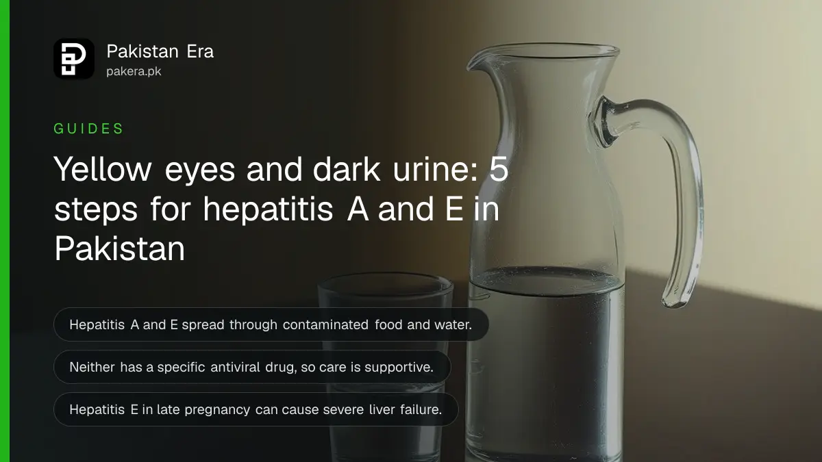 A glass jug of water and a glass on a wooden table, for a guide on hepatitis A and E in Pakistan