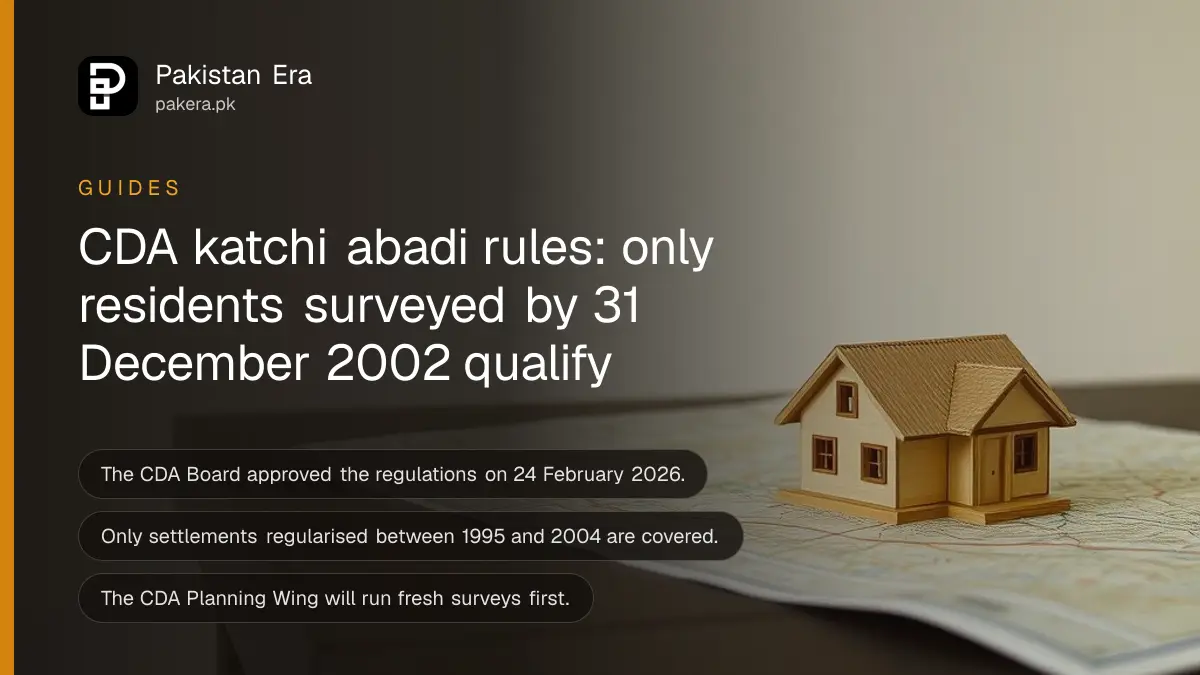 A folded cream map and a small wooden house model on a dark table, for a guide to CDA katchi abadi rules in Islamabad