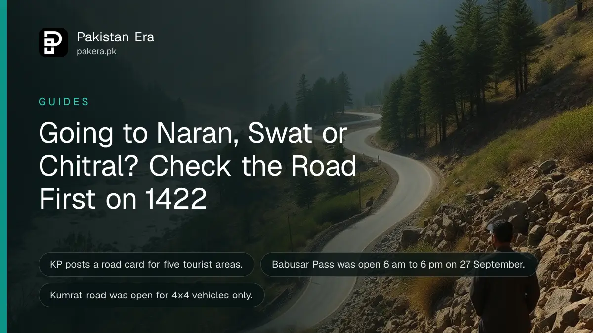 A mountain road winding through a green valley in Khyber Pakhtunkhwa with a parked car seen from behind