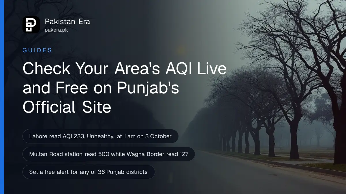 A wide road with trees in Lahore at dawn under a thick grey haze, low sun glowing faintly through the smog