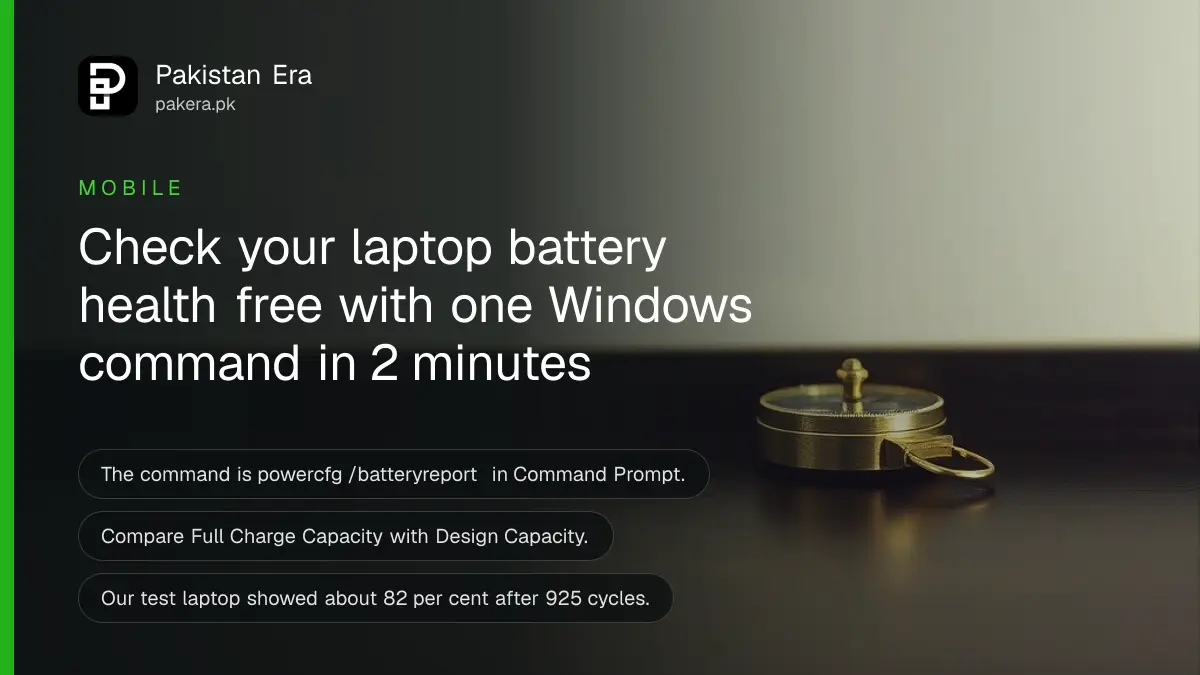 A small brass compass on a dark wooden table, for an article on checking laptop battery health on Windows