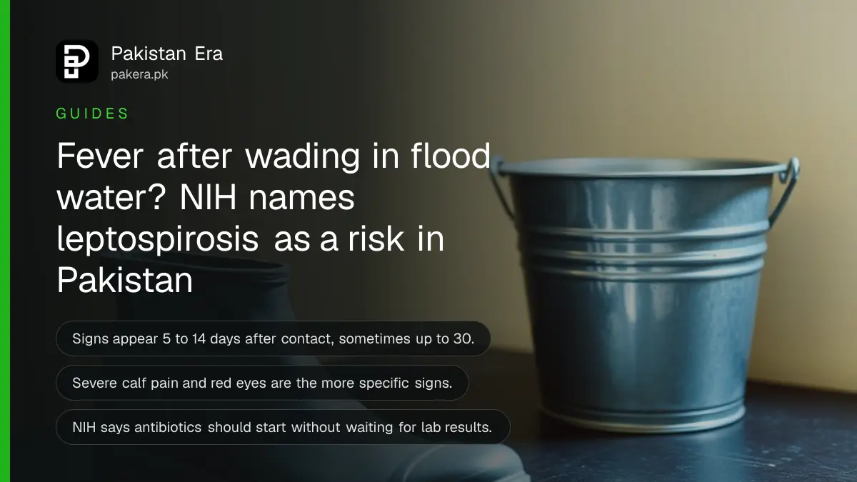 A rubber boot and a bucket on a dark wooden table, for a guide on leptospirosis after rain in Pakistan