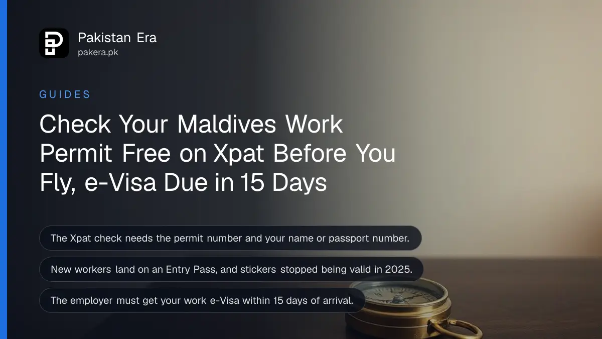 A brass compass on a dark wooden table against a plain cream wall, for checking a Maldives work permit from Pakistan