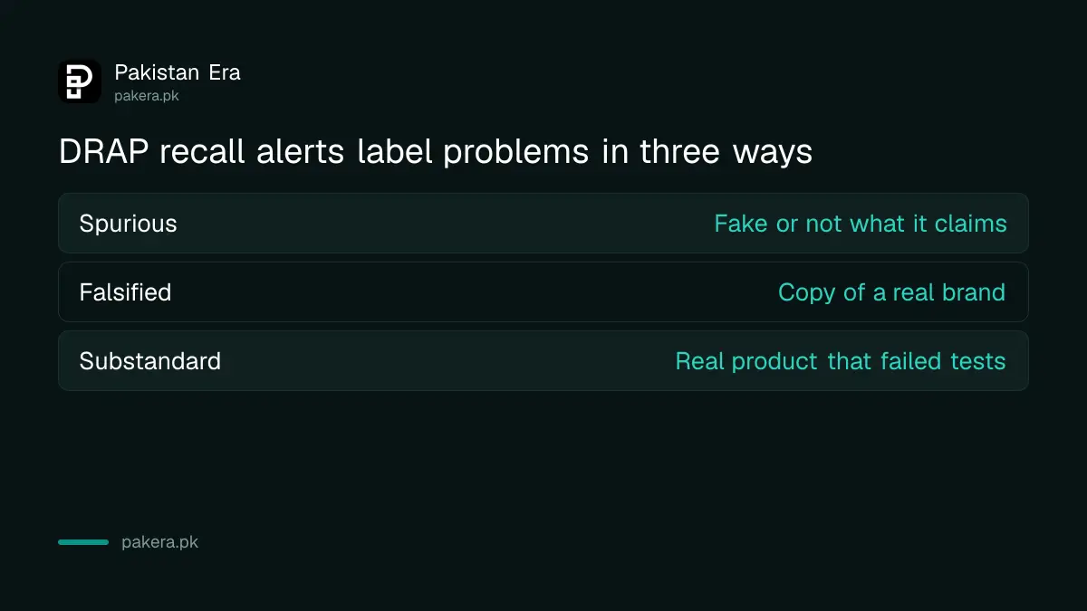 The three problem labels on a DRAP recall alert: spurious, falsified and substandard