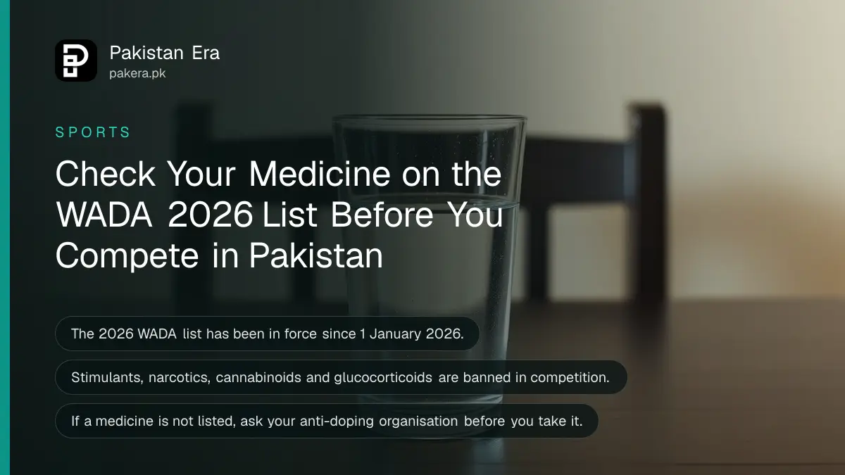 A glass of water on a dark wooden table, for checking a medicine before competing