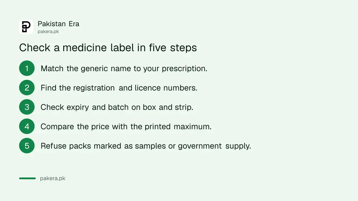 Five steps to check a medicine label at a pharmacy counter in Pakistan