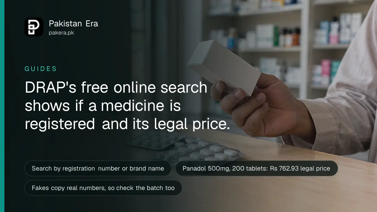 A hand holding a plain white medicine box beside blister packs of tablets on a pharmacy counter