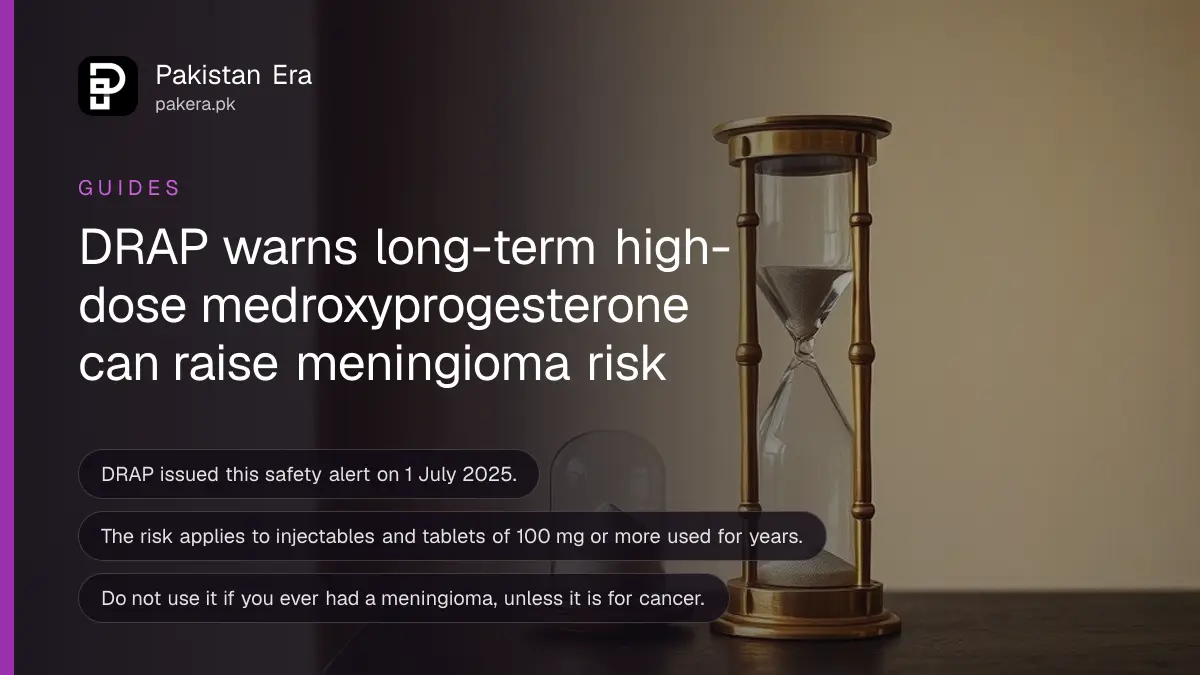 A brass hourglass on a dark wooden table, for a guide on the DRAP medroxyprogesterone alert in Pakistan