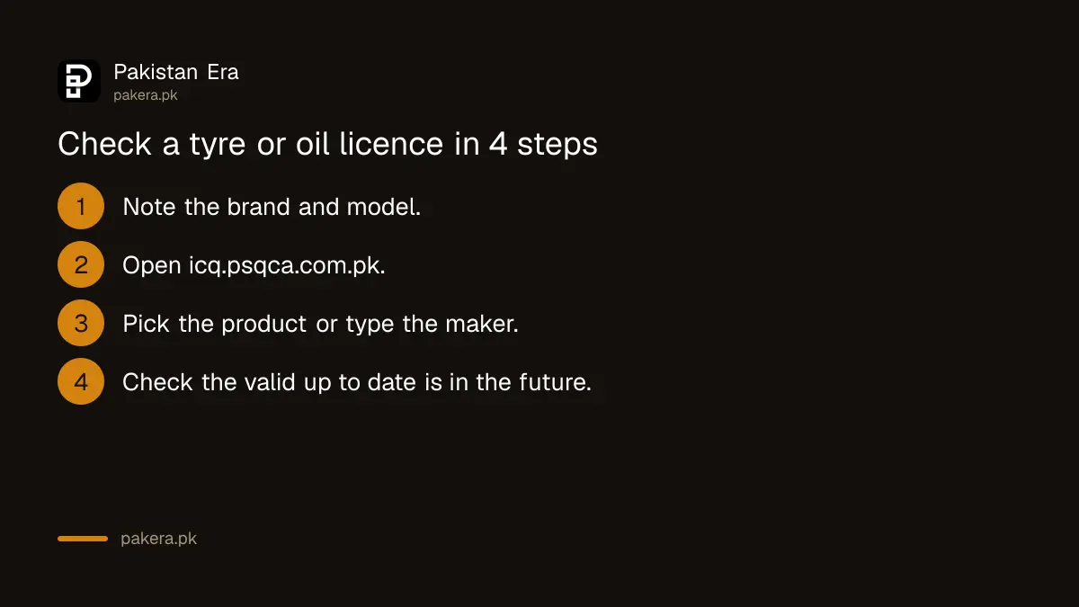 Four steps to check a PSQCA licence for a tyre, engine oil or motorcycle