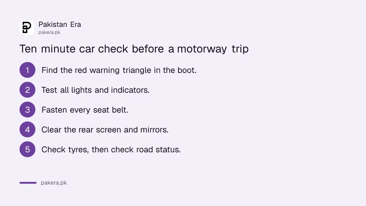 Six steps for a pre-trip car check before driving on a Pakistan motorway