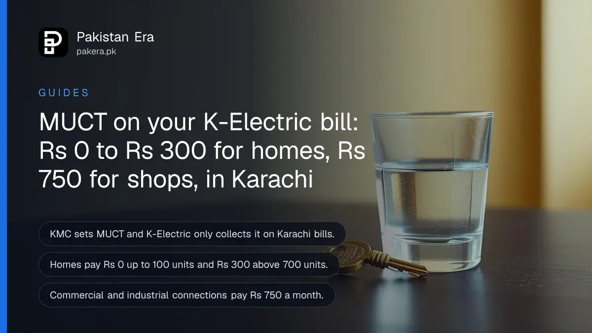 A brass key and a glass of water on a dark wooden table, for a guide to the MUCT charge on K-Electric bills in Karachi