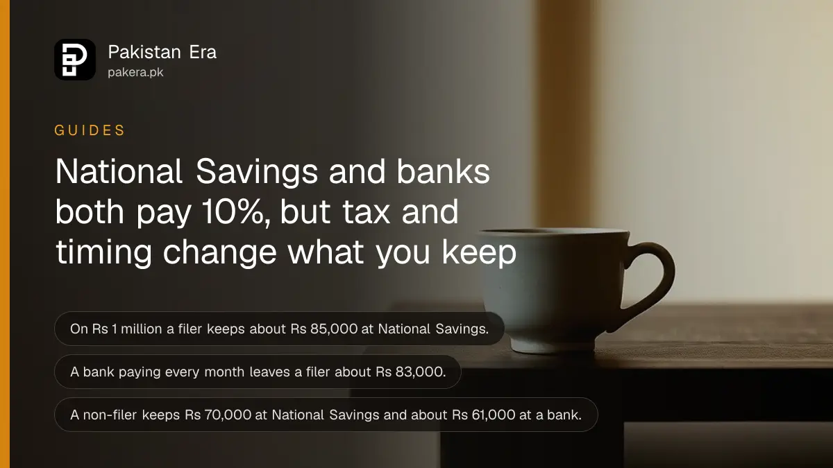 A small ceramic cup on a dark wooden table, for a comparison of National Savings and bank savings accounts in Pakistan