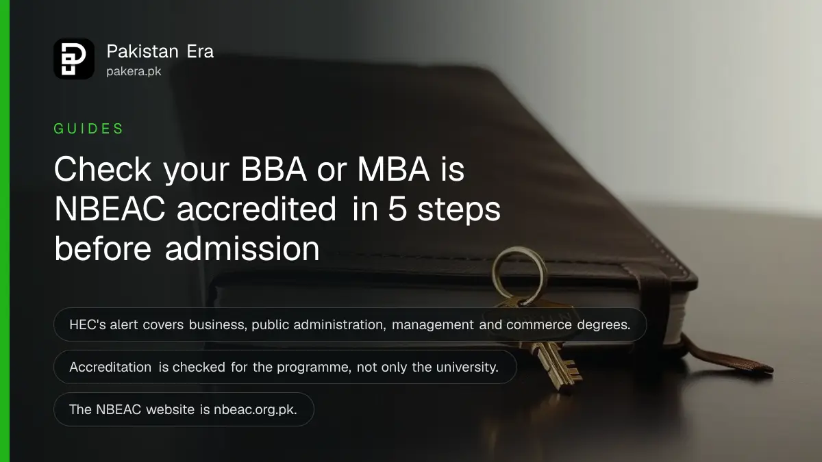 A brass key and a closed notebook on a dark wooden table, for a guide on checking NBEAC accreditation of business programmes