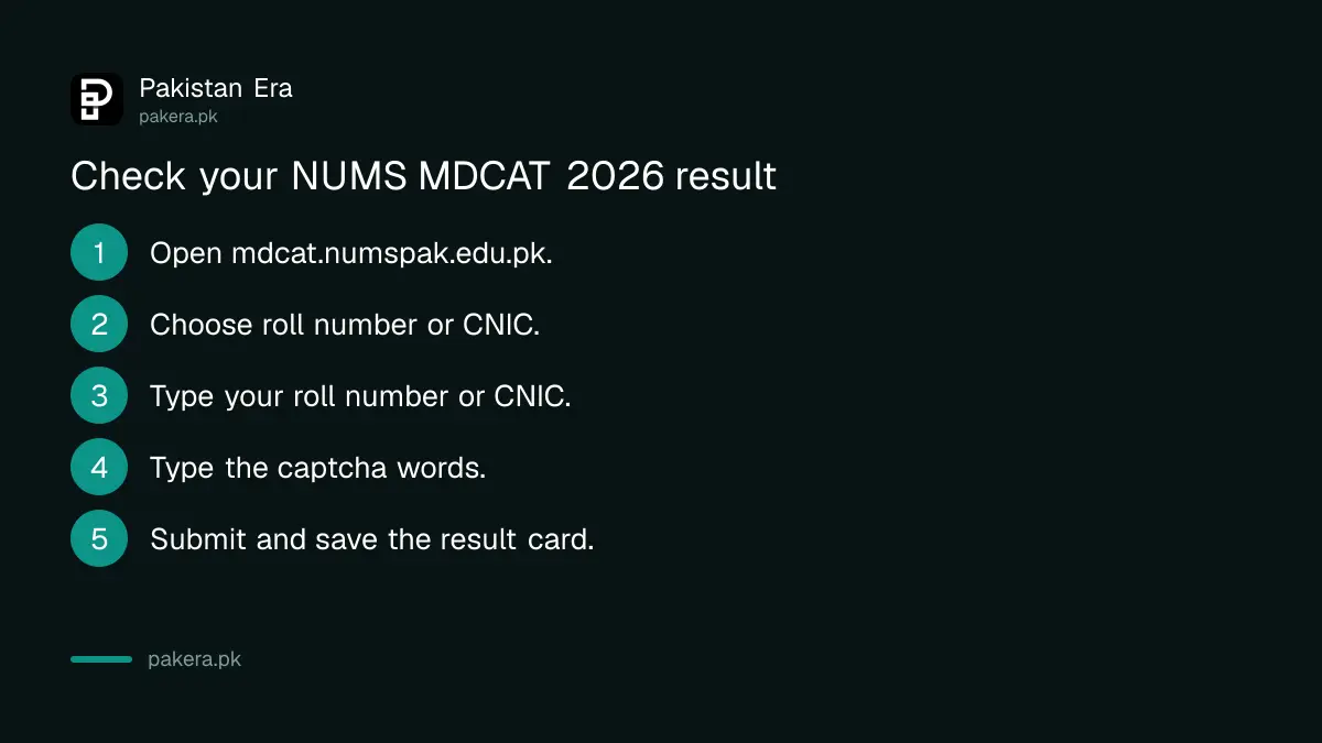 Five steps to check the NUMS MDCAT 2026 result at mdcat.numspak.edu.pk