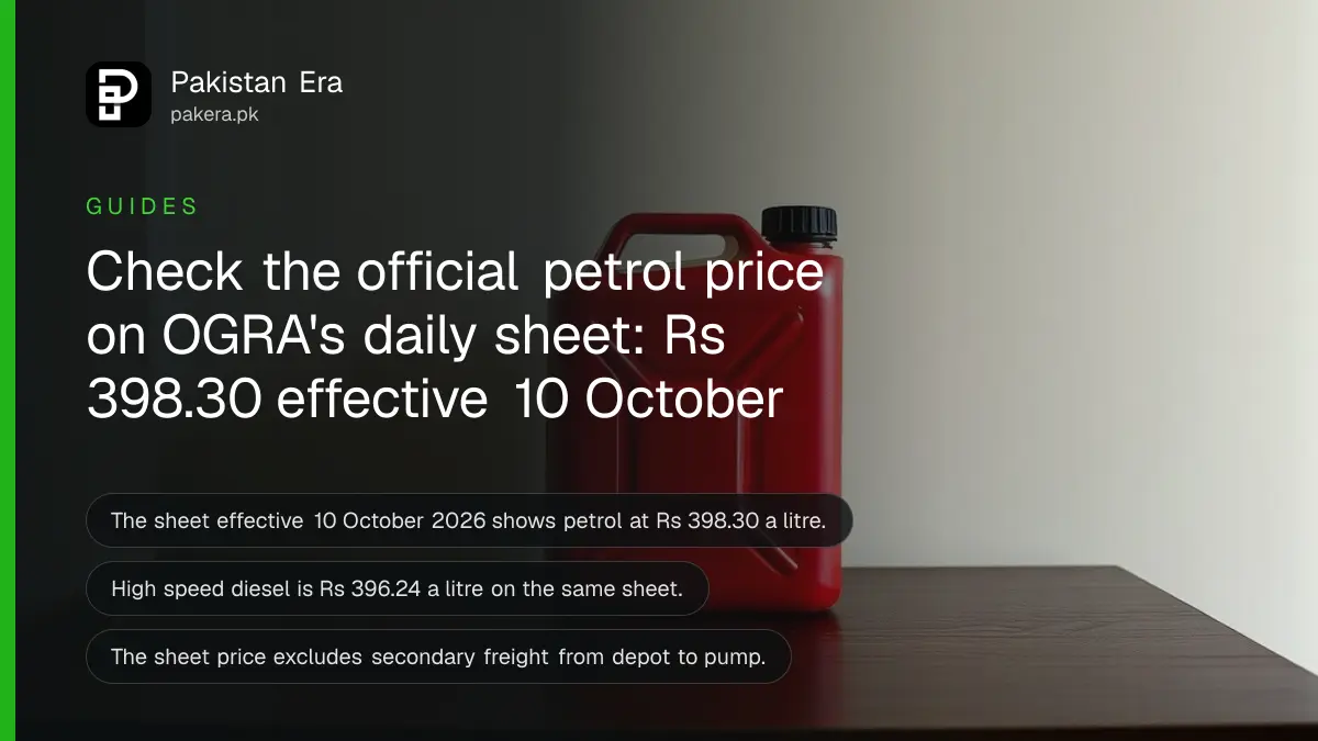 A red metal jerry can on a dark wooden table, for a guide to the official petrol price on OGRA's daily sheet