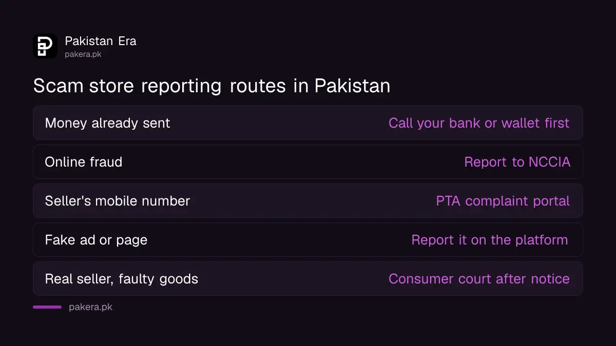 Where to report a scam online store in Pakistan: bank, NCCIA, PTA, the platform or consumer court