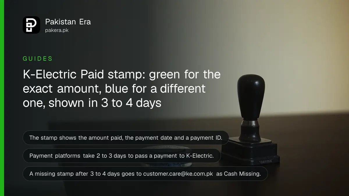 A rubber stamp and an inkpad on a dark wooden table, for a guide to the paid stamp on K-Electric bills