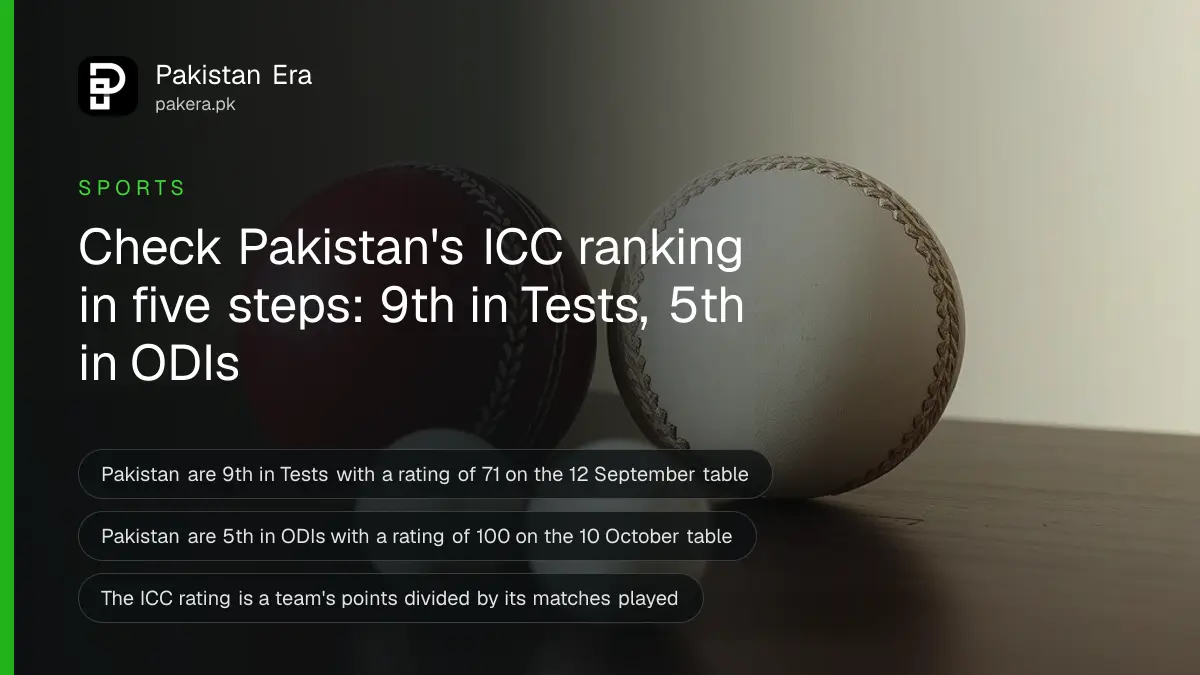 A red cricket ball and a white cricket ball side by side on a dark wooden table under soft light, representing Test and ODI rankings for Pakistan
