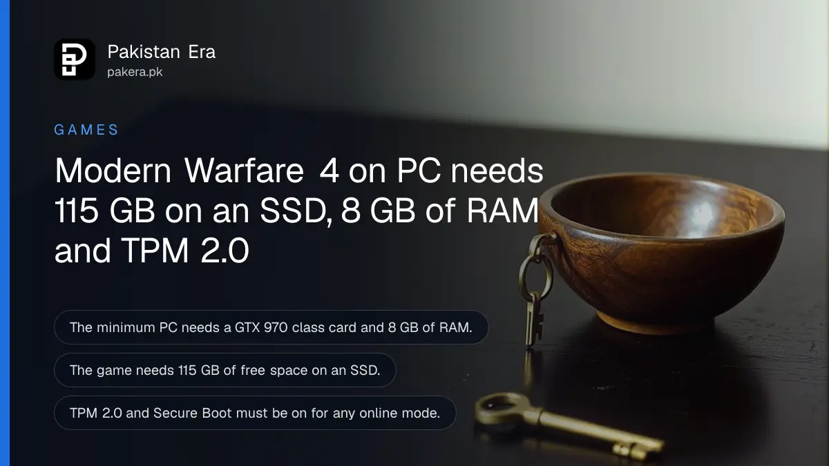 A wooden bowl and a brass key on a dark wooden table, for a guide to Modern Warfare 4 PC requirements in Pakistan