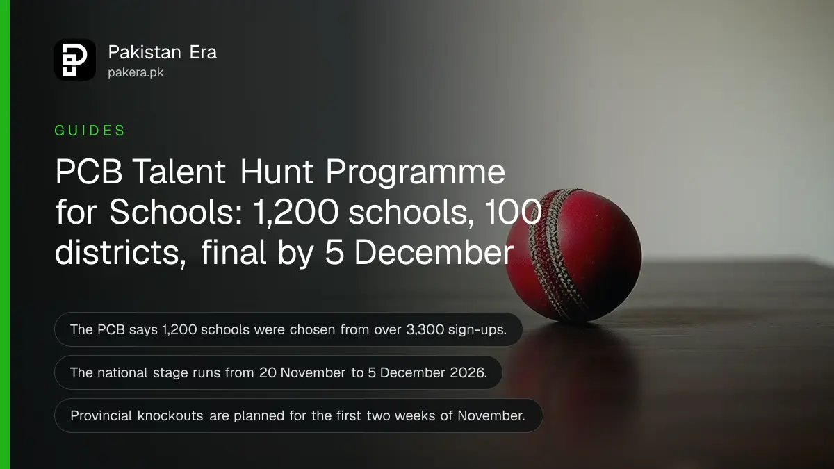 A red cricket ball on a dark wooden table, for an article on pcb talent hunt school programme 2026-27