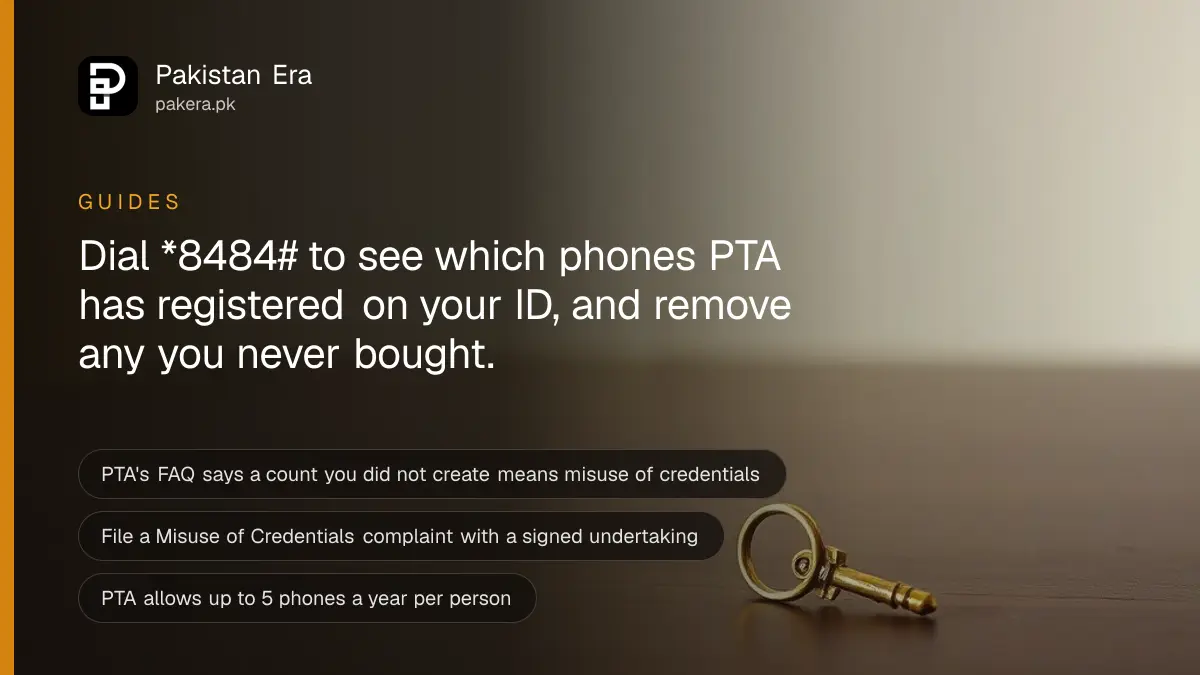 A brass key on a dark wooden table, for a guide on phone registered on my cnic pta