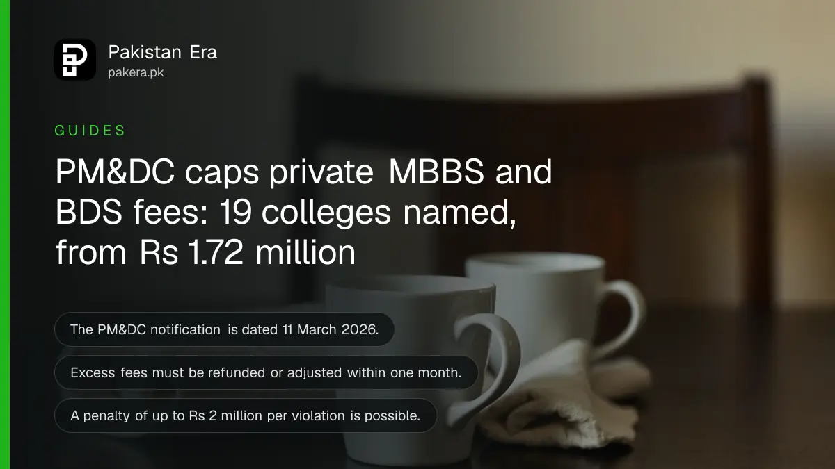 Two white cups and a folded towel on a dark wooden table, for a guide on PM&DC tuition fee caps at private medical colleges