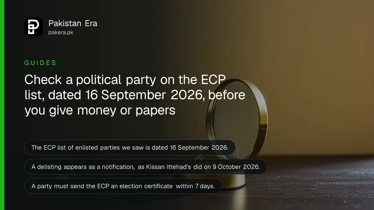 A brass magnifying glass on a dark wooden table, for a guide on checking a political party with the ECP