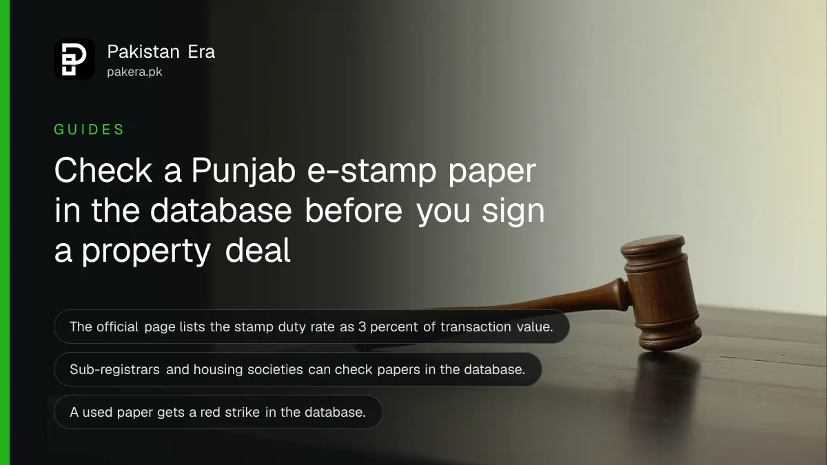 A wooden gavel on a dark wooden table, for a guide on checking a Punjab e-stamp paper
