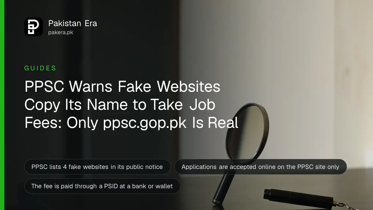 A magnifying glass on a dark wooden table, for a guide on ppsc fake website