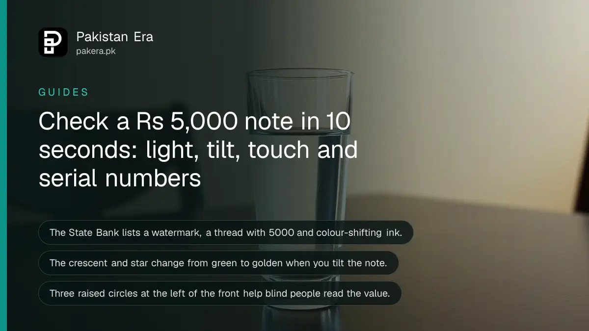 A glass of water on a dark wooden table, for a guide to checking that a Rs 5,000 note is genuine