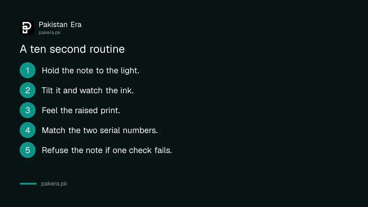 Five step routine to check a Rs 5,000 note in ten seconds