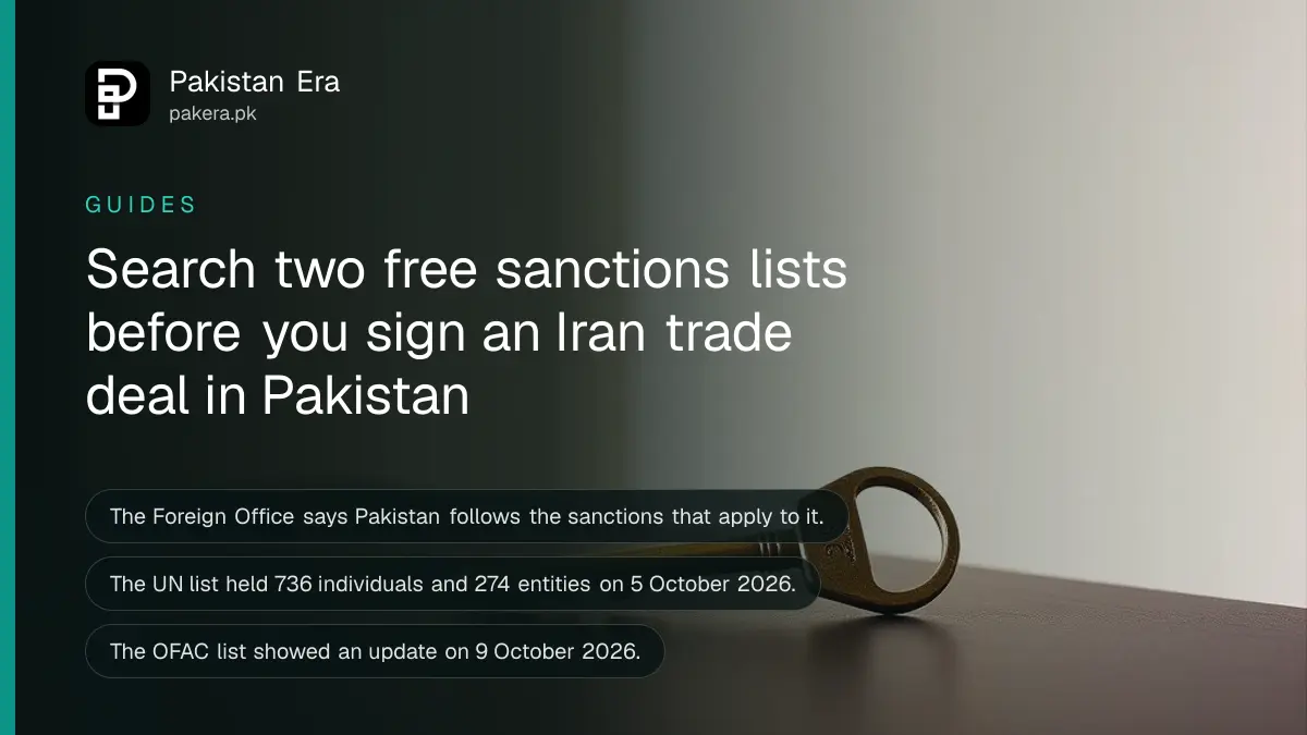 A brass key on a dark wooden table, for a guide on how to check a sanctions list in Pakistan