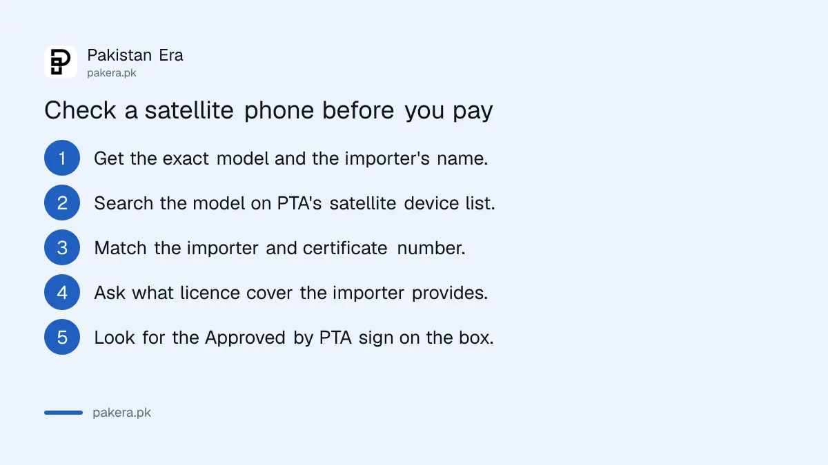 Six steps to check a satellite phone against PTA's approved list in Pakistan
