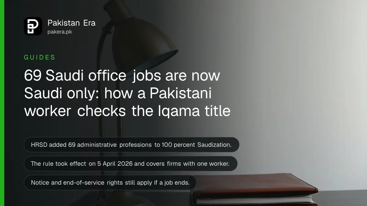 A brass desk lamp and a leather folder on a dark wooden table, for a guide on Saudi Saudization of office jobs
