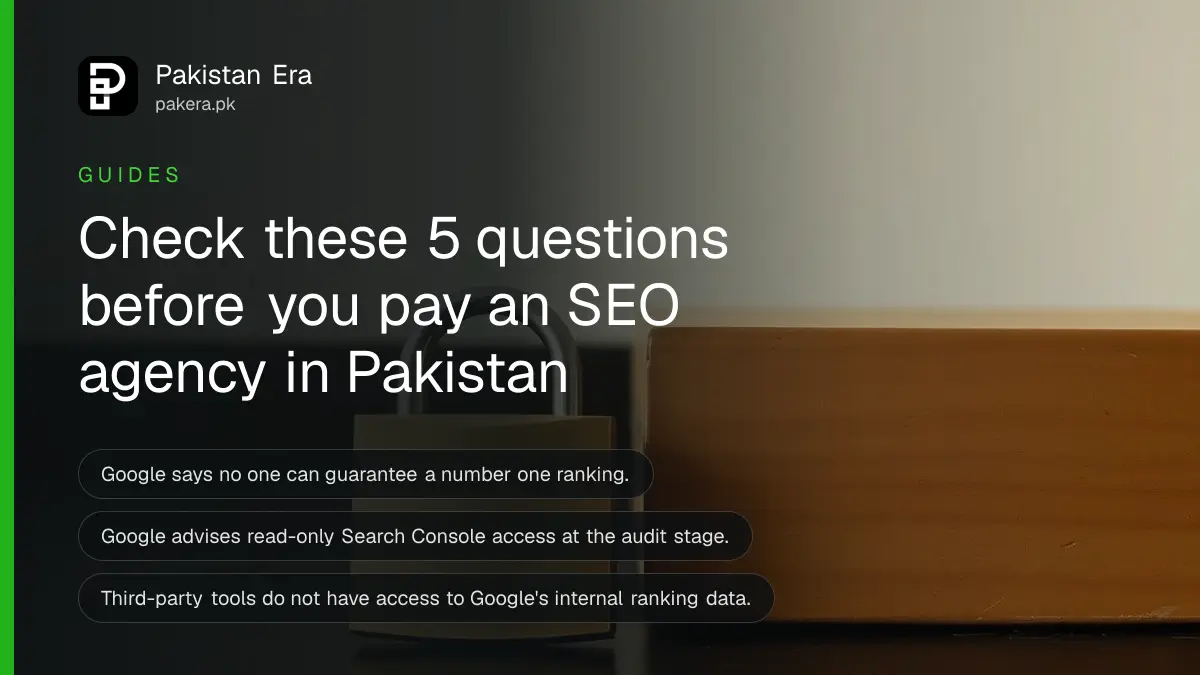 A brass padlock and a plain wooden box on a dark wooden table, for a guide on checking an SEO agency before paying